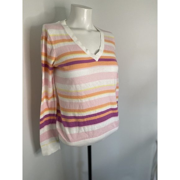 Izod White Pastel Striped Womens V-Neck Sweater Size S 100% Cotton Vintage Retro - Picture 2 of 16